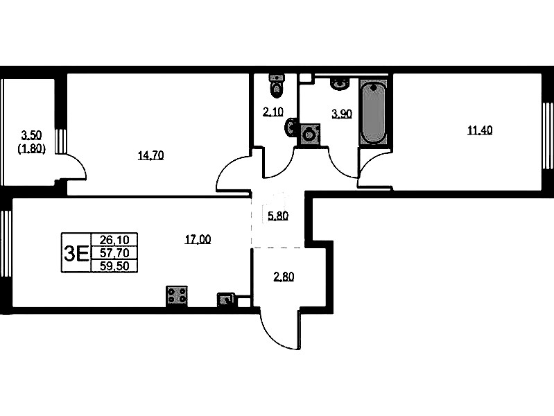 2-комнатная квартира 59.5 м², 2/11 эт., ЖК «А101 Лаголово»